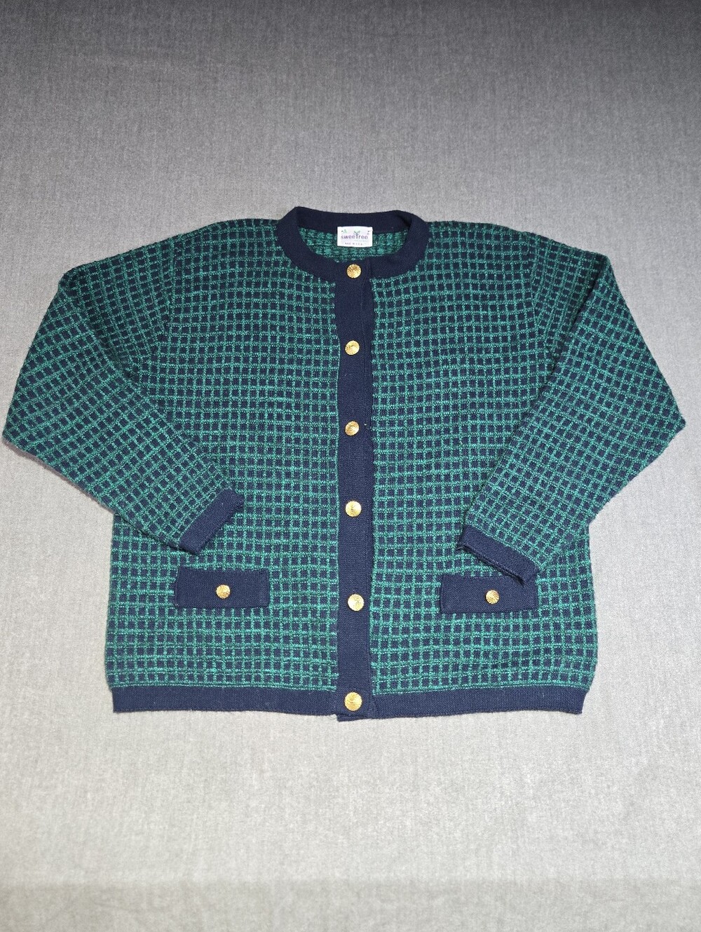 VTG 80s Sweetree Plaid Knit Cardigan Sweater Made in USA Women's L Chanel Style